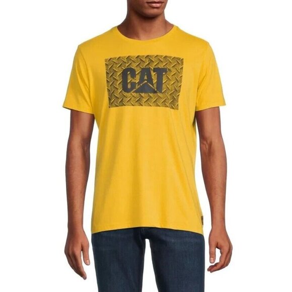 NEW! Caterpillar CAT Logo Diamond Plate Yellow Tee T-Shirt Men's Large - Picture 1 of 3